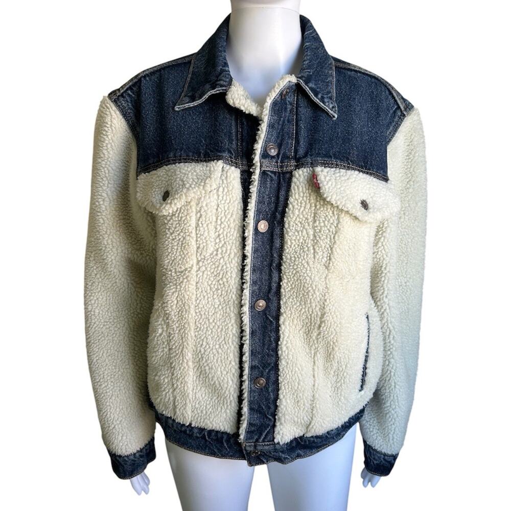 Levi’s Sherpa Jacket Denim Trim Faux Shearling Western Ranch Coat Womens M